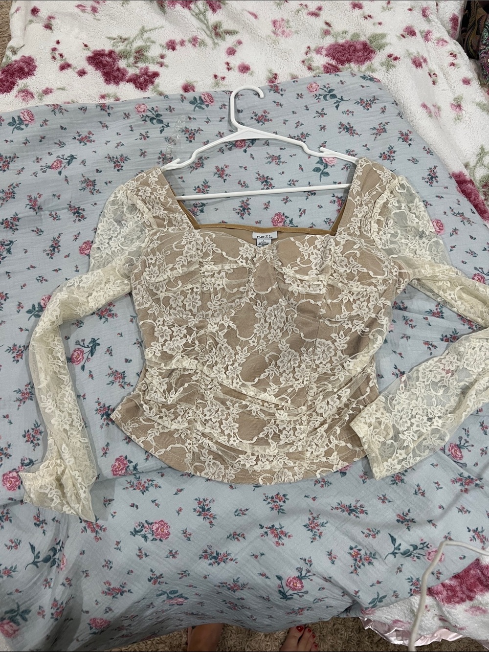 Rue21 Tan Top with Ivory Lace Overlay